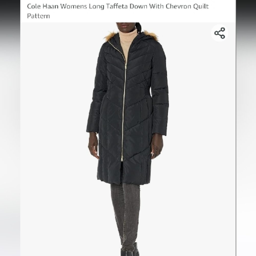 Cole Haan signature Black Long Taffeta Down Coat chevron quilt pattern size M.